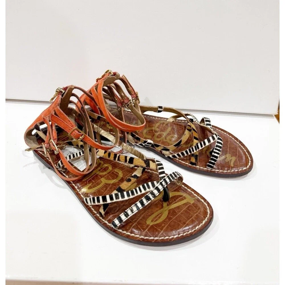 Sam Edelman Gable Women Animal Print Strappy Thong Sandals Size 8.5 M Orange EUC